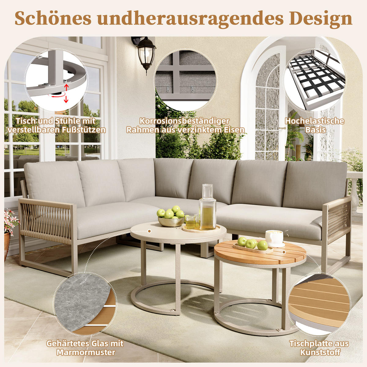 LOUNGESET 6-7 Personen Beige Eck Mit Verstellbaren Füßen - Beige, Metall - FLIEKS