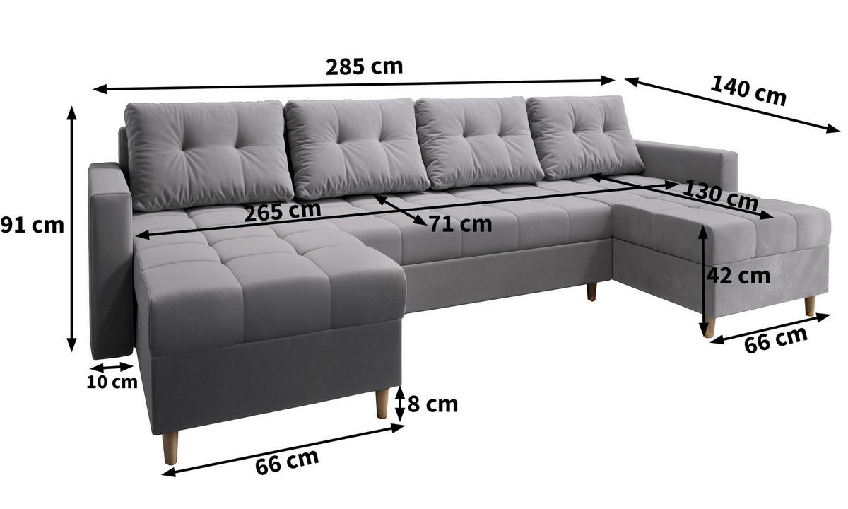 WOHNLANDSCHAFT MILO U Hellgrau Plüsch-Stoff mit Schlaffunktion - Hellgrau, Holz (285/91/140cm) - MASSENO