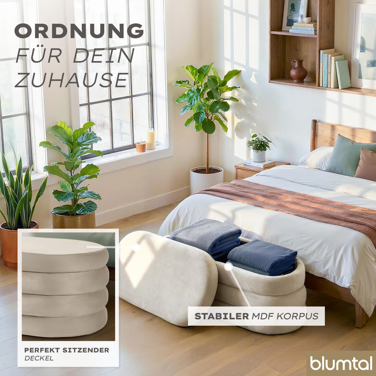 XL Sitzbank mit Stauraum Oval – Samt Truhenbank Creme - Beige, Textil (45/42.5/110cm) - Blumtal