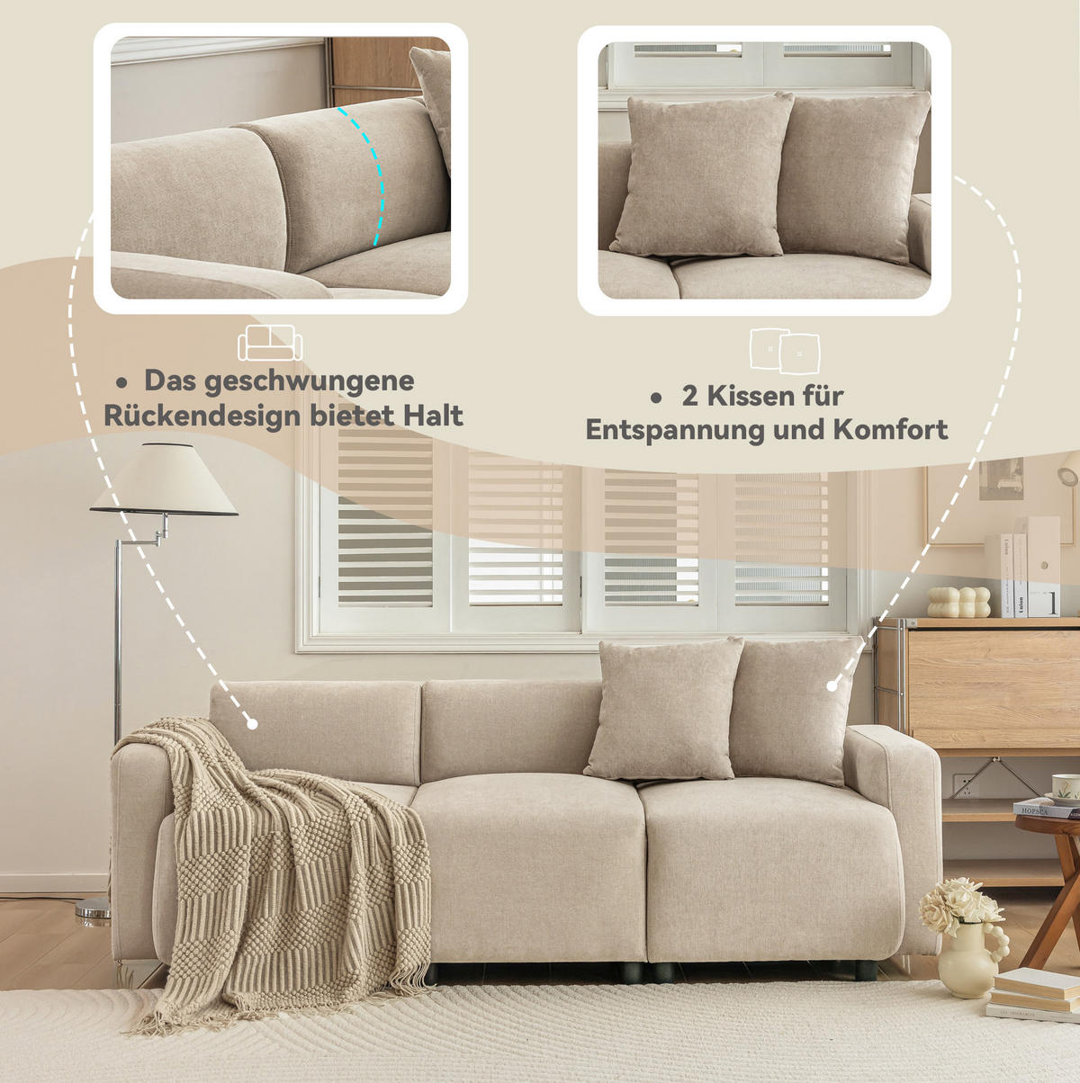3-SITZER-SOFA 211/67/71 cm mit 2 Kissen, breiter Sitzfläche und Chenille-Bezug, Beige - Beige, Textil (211/71/67cm) - Redom