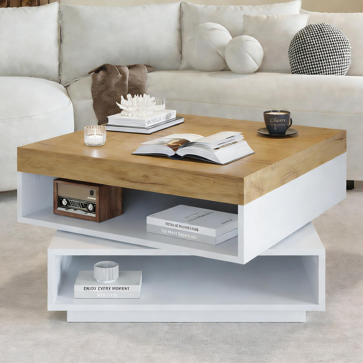 COUCHTISCH Weiß/Holzoptik 65/65/40 cm mit 360°-Drehfunktion und LED - Weiß, Holzwerkstoff (65/65/40cm) - PANGIVO