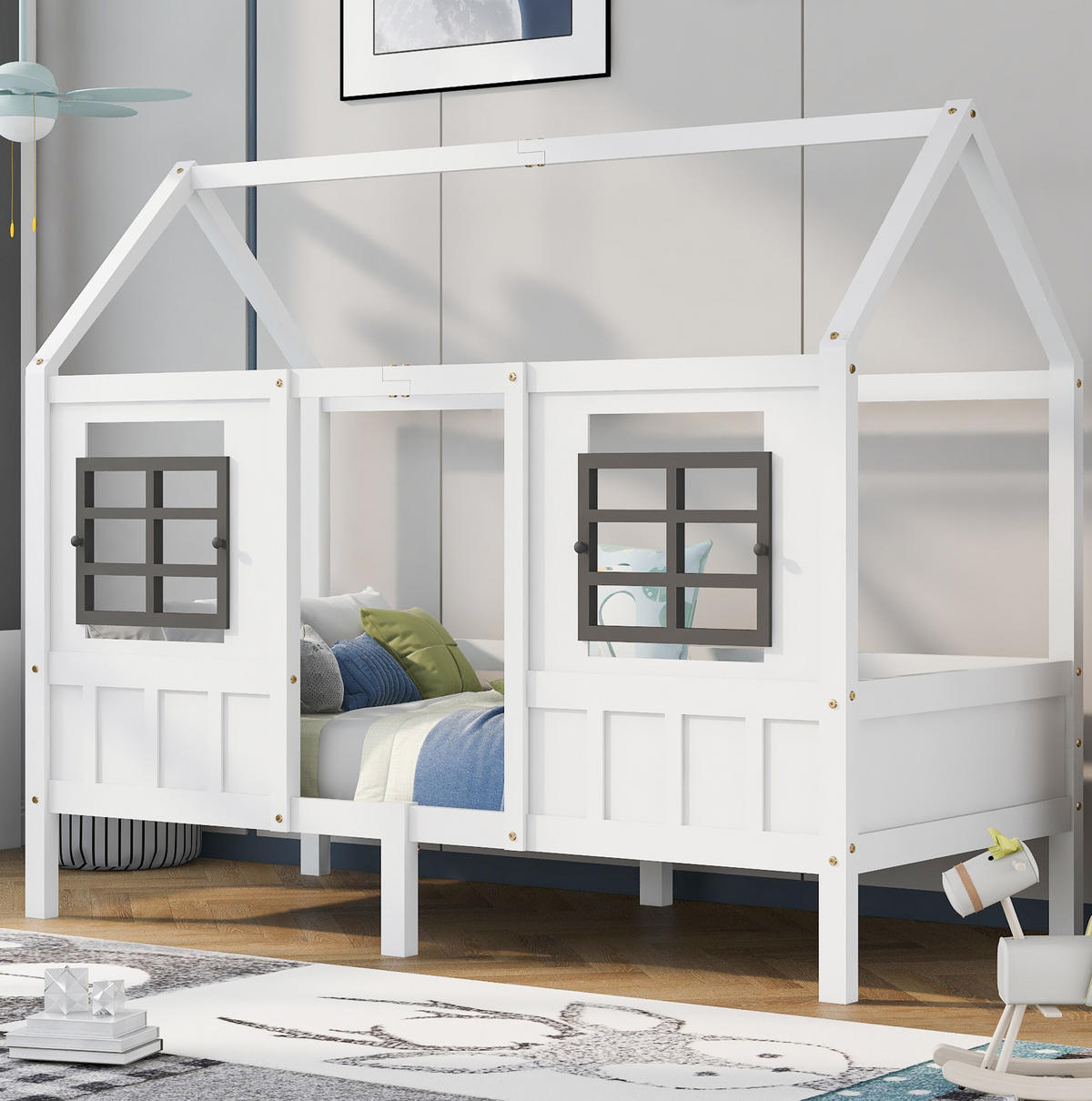 HAUSBETT 90/200 cm in Weiß – mit Dach und 2 Fenstern, Liegefläche 90/200 cm - Weiß, Holz (90/200cm) - BEAOK