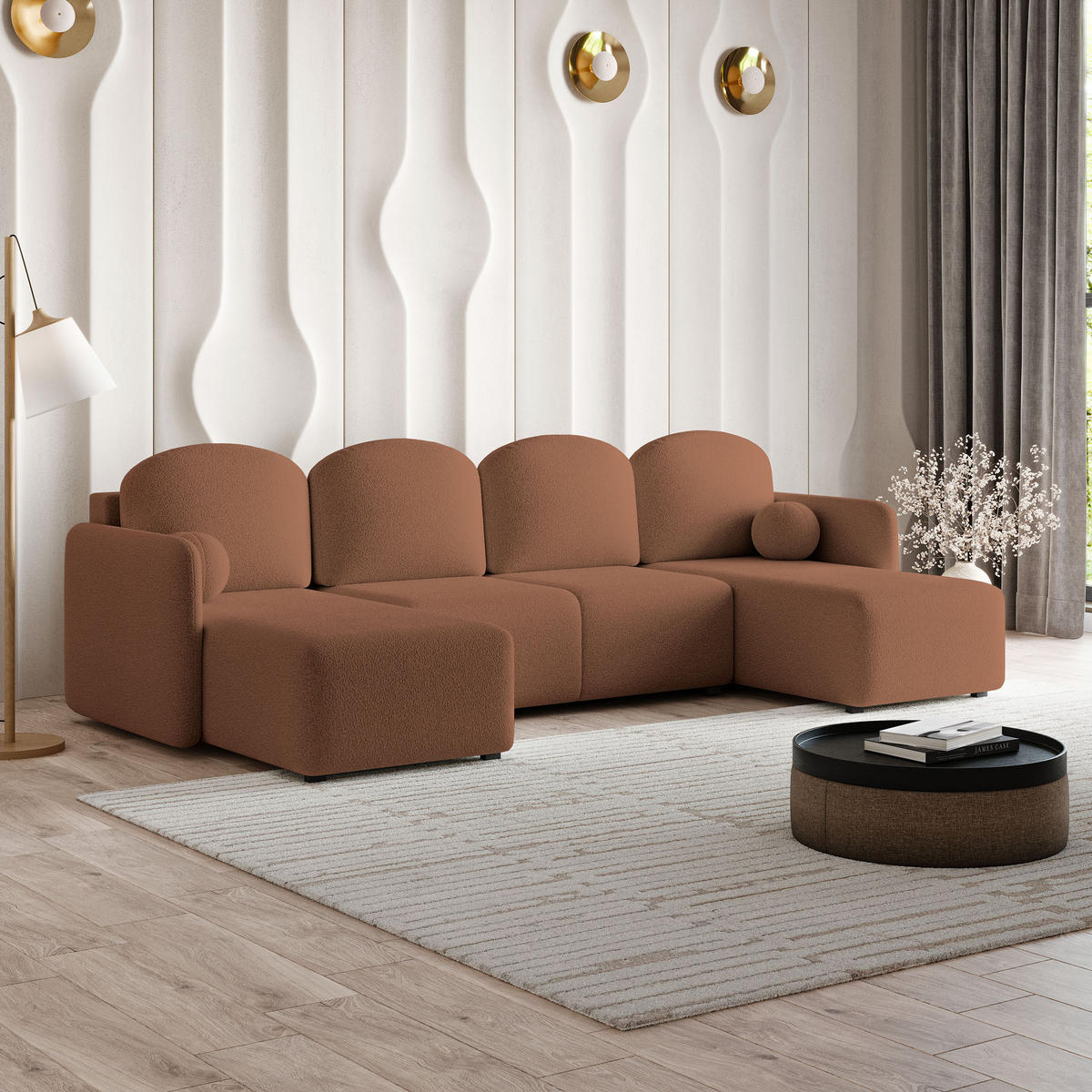 WOHNLANDSCHAFT NUBERO Kupferfarben Boucle-Stoff mit Schlaffunktion - Kupferfarben, Holz (220/85/143cm) - MASSENO