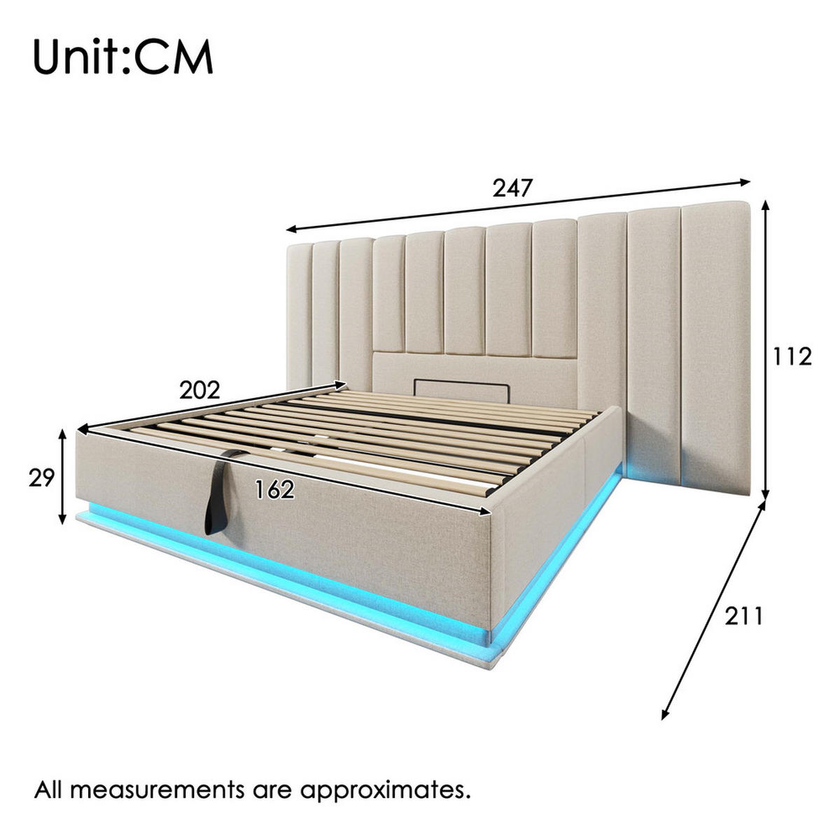 POLSTERBETT 160x200cm Doppelbett App-LED USB-C Stauraum Beige Leinen - Beige, Holz (160/200cm) - FLIEKS