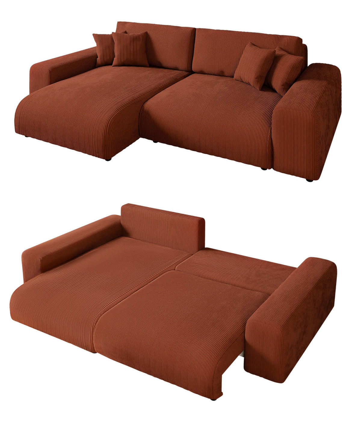 ECKSOFA mit Schlaffunktion, Bettkasten, Wellenunterfederung, seitenverkehrt montierbar B255/T165/H84 cm, Liegefl. 148x196 cm, Cord Terracotta / 21004 - Terracotta/Schwarz, Kunststoff/Textil (255/165cm) - luma-home
