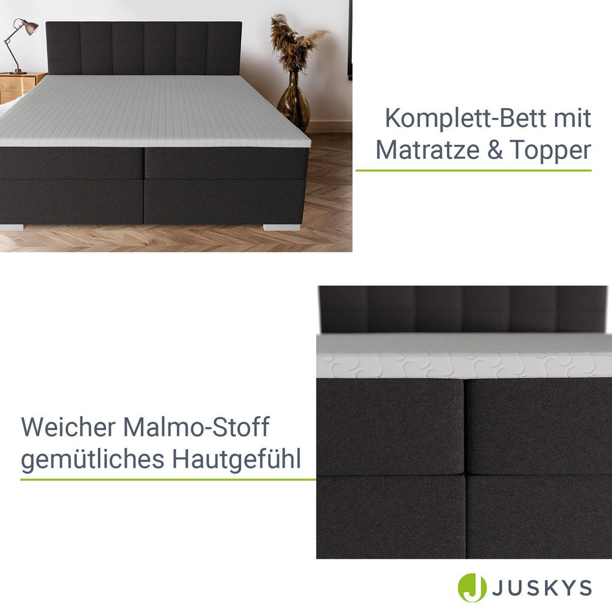 BOXBETT Seattle schwarz 180x200 cm Malmo-Stoff - Schwarz, Textil (180/200cm) - Juskys