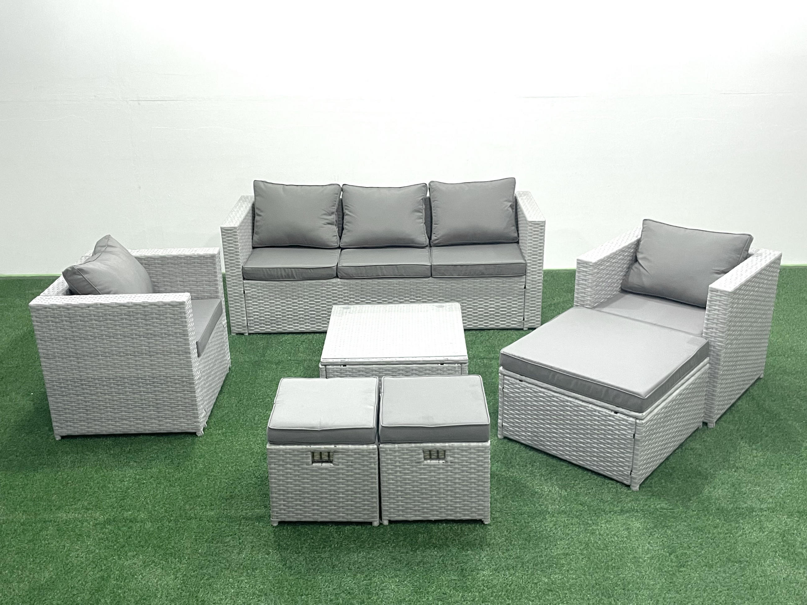 GARTENMÖBEL-SET mit Kissen Polyrattan Hellgrau-Mix 8-Sitzer - Hellgrau/Grau, Glas/Kunststoff - Fimous