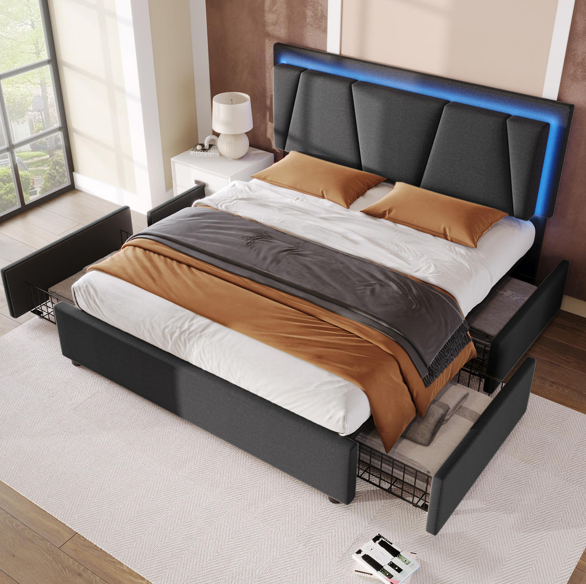 POLSTERBETT 160/200 cm Grau aus Holz mit LED-Beleuchtung - Grau, Holz (160/200cm) - OKMYHOME