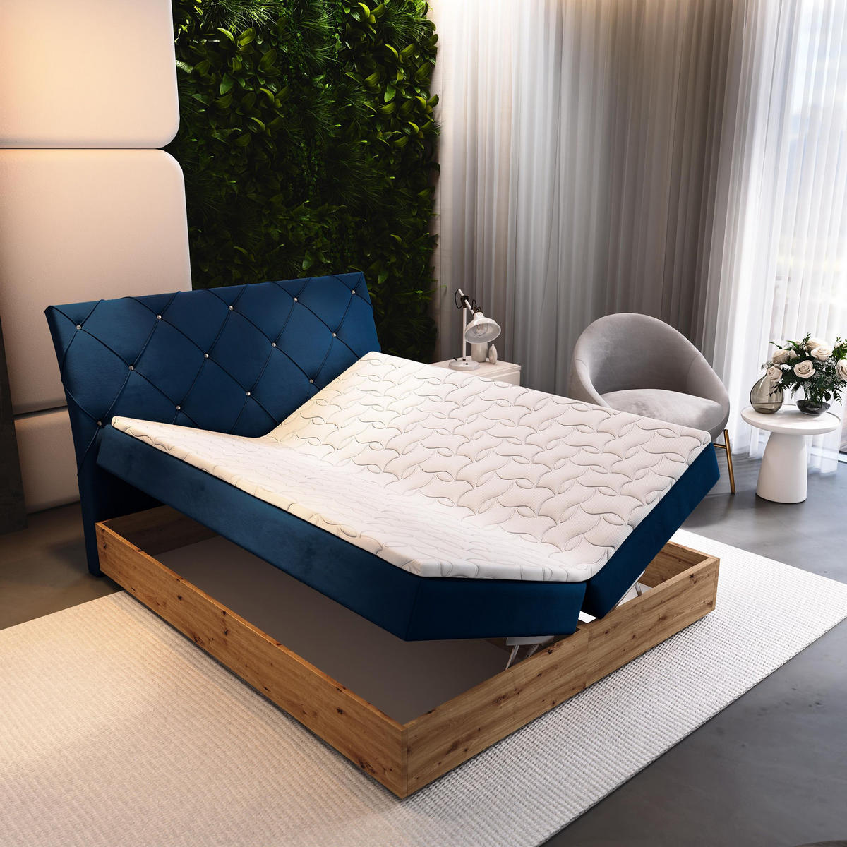 BOXBETT VELLANO 180x200 cm mit Matratze und Topper - Blau - Blau, Holz (180/200cm) - MASSENO
