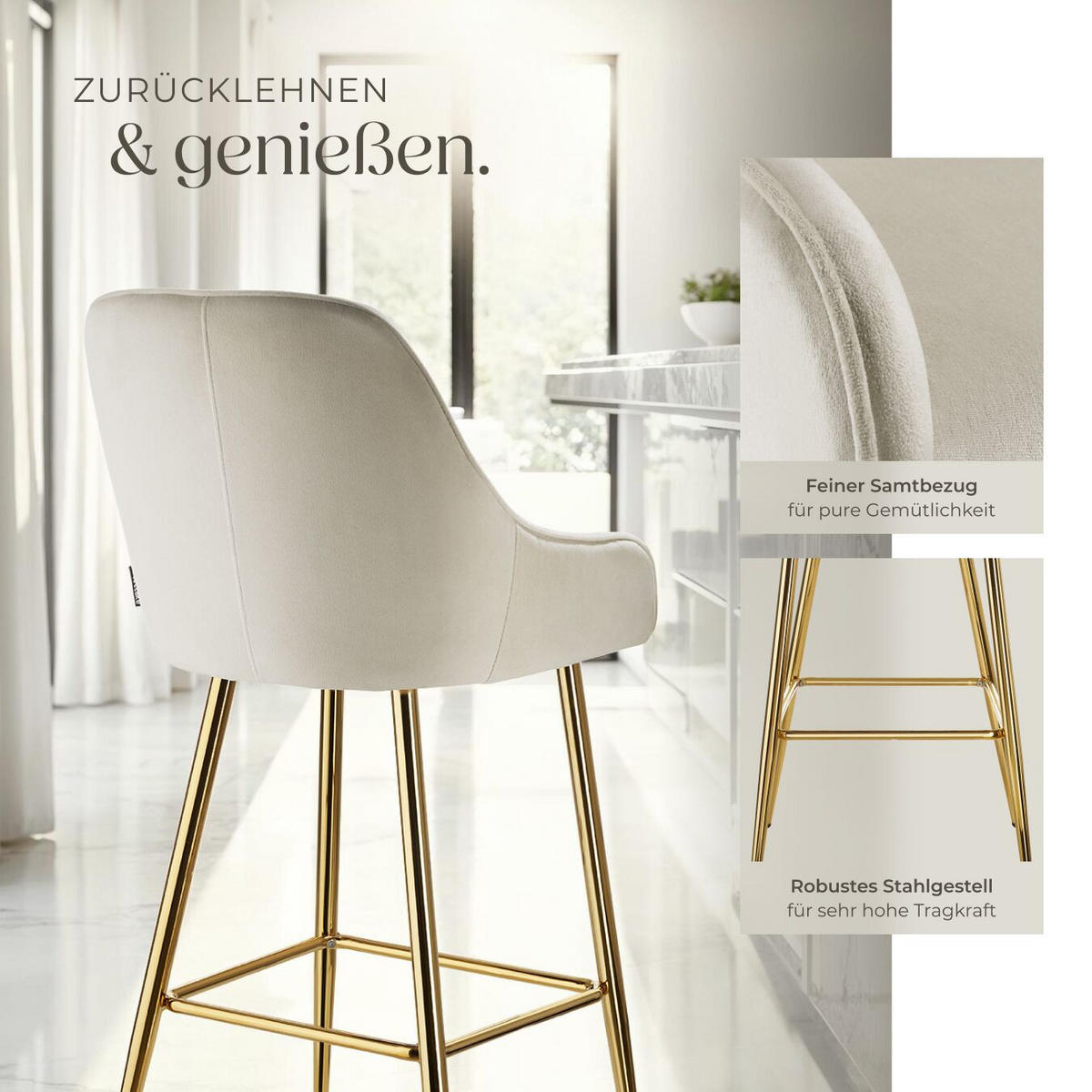 BARSTUHL Avane,48,5 x 57 x 108 cm, Belastbarkeit 120 kg,creme/gold - Goldfarben/Creme, Kunststoff/Textil (48.5/108/57cm) - tectake