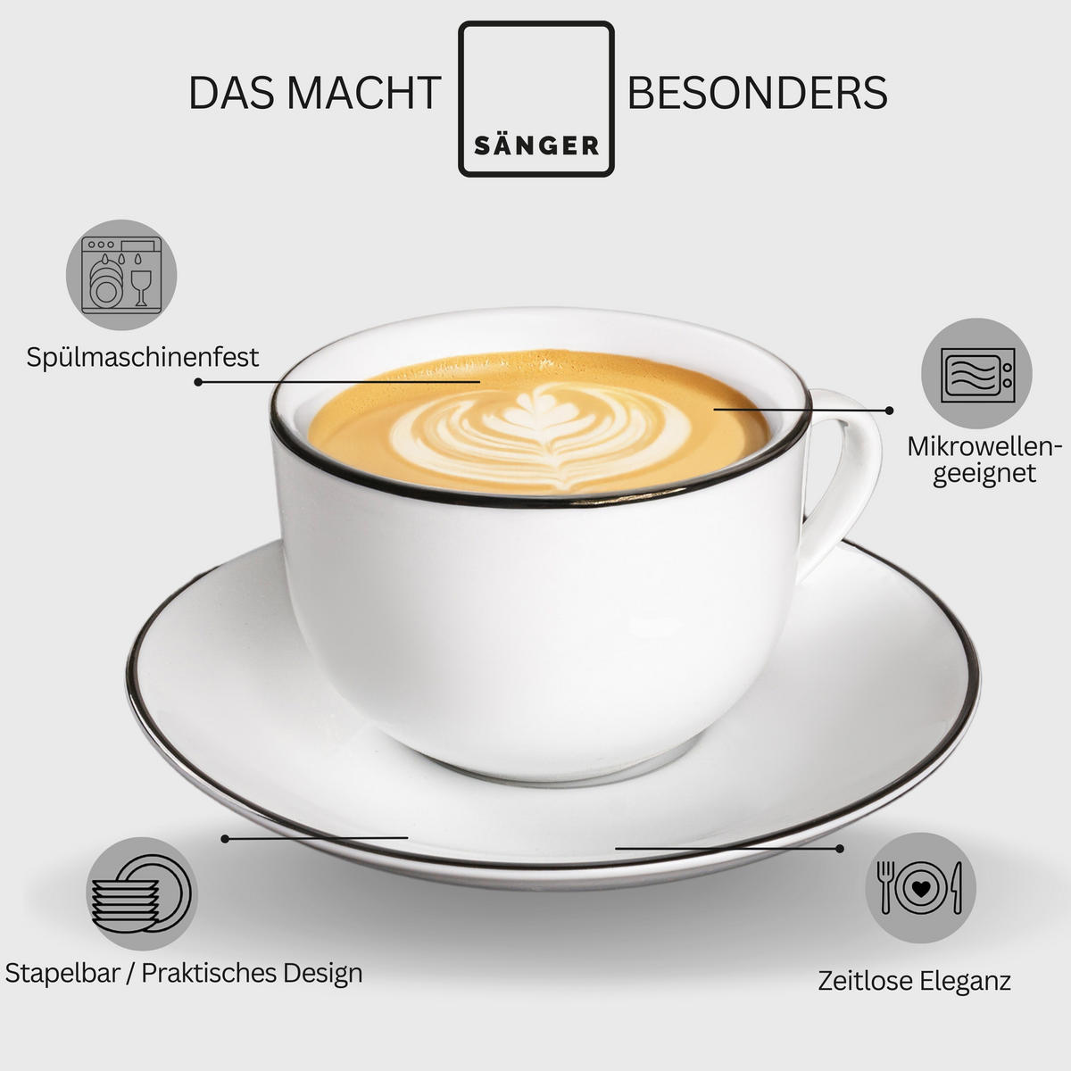 KAFFEETASSEN SET MARLO BLACK RIM LIMITED EDITION - 12 teilig aus Porzellan - Weiß, Keramik (0.2L) - Sänger