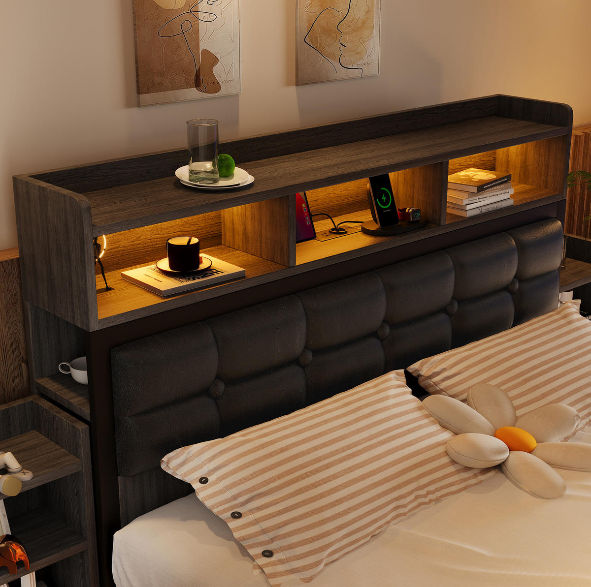 BETT aus Metall und PU 140x190 cm Grau/Weiß mit LED, USB-C, Steckdosen und 2 ausziehbaren Nachttischen - Grau, Metall (140/190cm) - Modfu