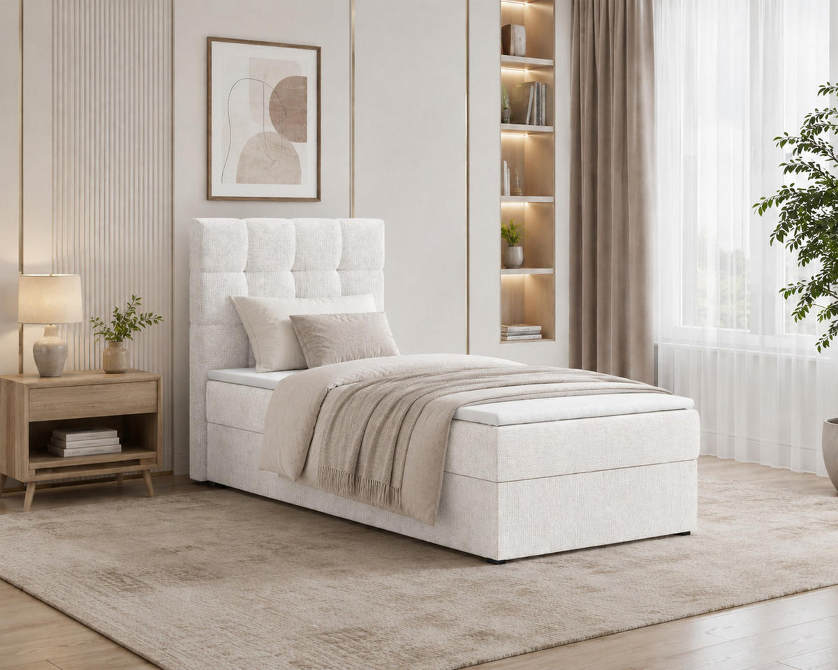 BOXBETT - Bett 05 OSLO - Aragon - 90x200 cm - mit Bettkasten und Komfort-Topper - Weiß, Holz (90/200cm) - ROYAL24_MARKT
