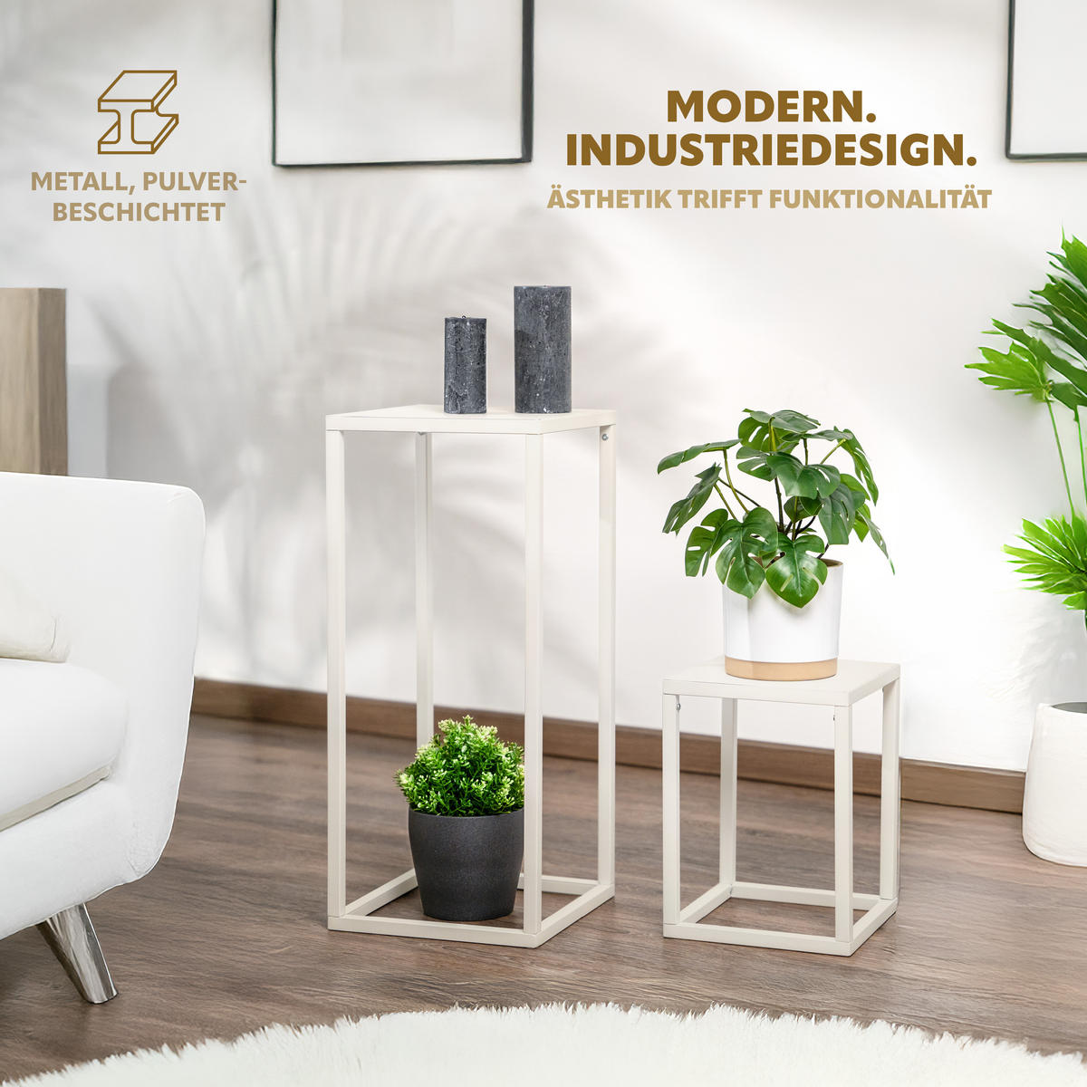 BLUMENHOCKER (3er Set), Metall, cremeweiß - Creme, Metall (30/30/90cm) - bremermann