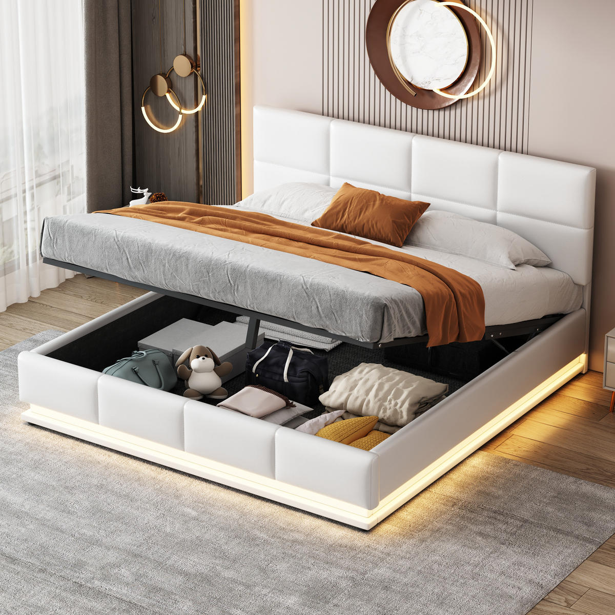 BETT mit LED und Bettkasten 160x200 cm Kunstleder White - Weiß, Metall (160/200cm) - Meubliv