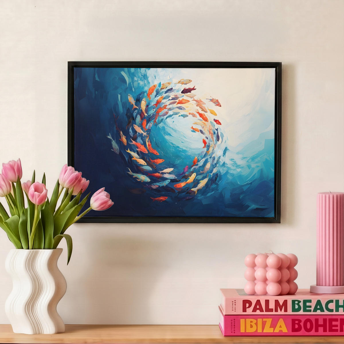 LEINWAND Bilder mit Rahmen - Meer - Fische - Bunt - Dynamisch - 40x30 - Hellblau, Textil (40/30cm) - MuchoWow