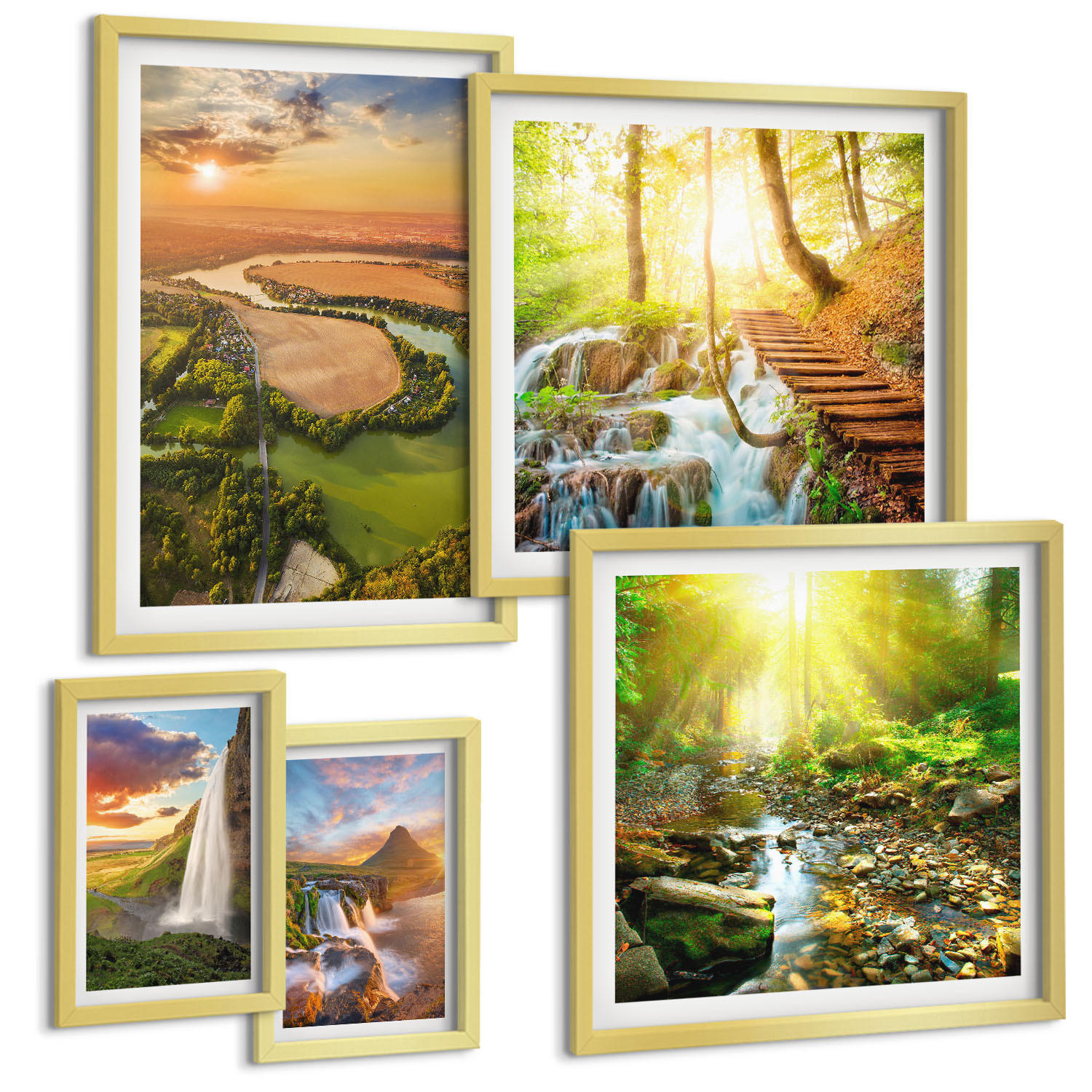 BILDER SET 5er Set - 50x50 cm & 20x30 cm & 40x60 cm Goldrahmen - Orange Mountain Wasserfall - Goldfarben, Kunststoff (40/60cm) - TULUP