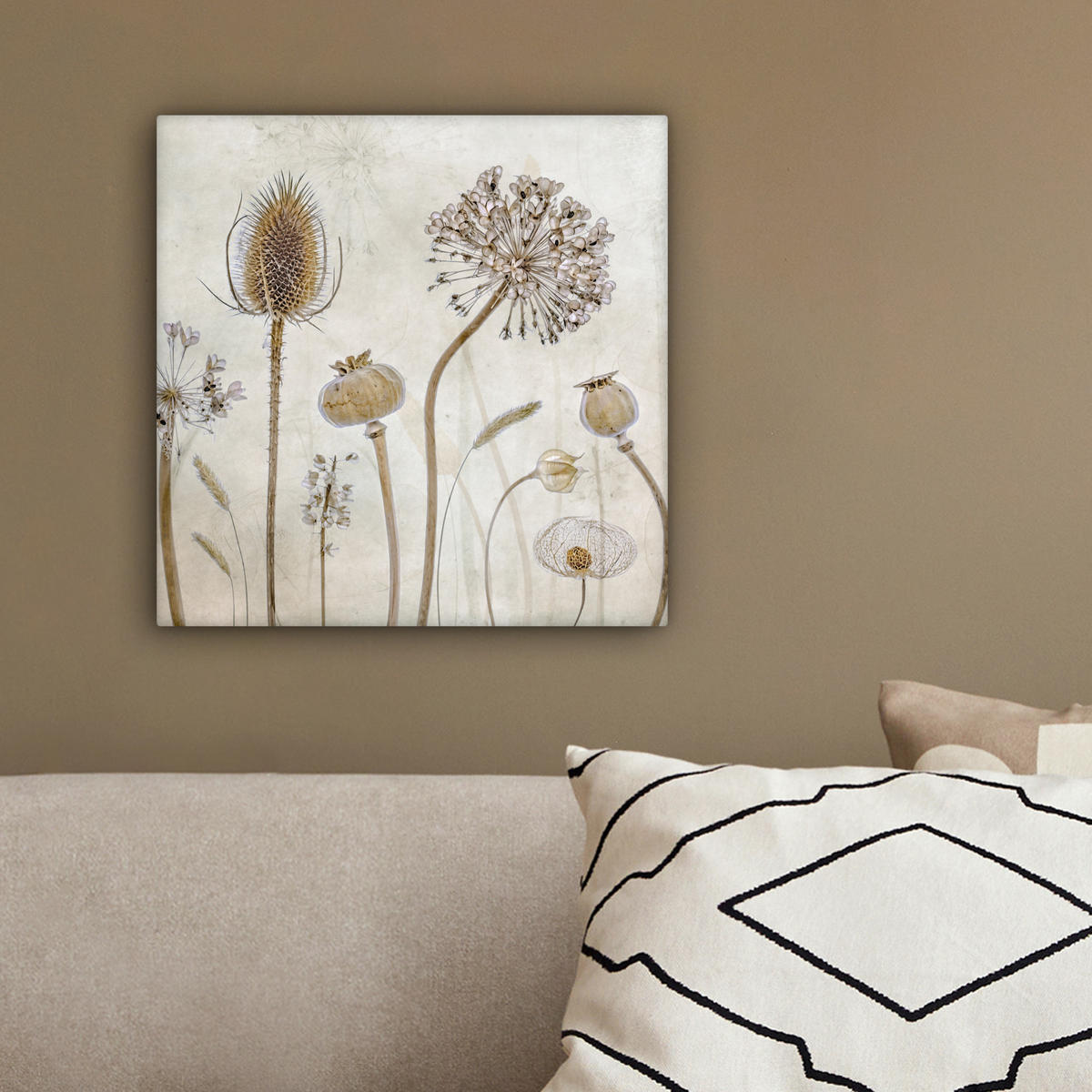LEINWANDBILD Blumen - Aquarell - Stilleben - Braun - Vintage 20x20 cm - Beige, Textil (20/20cm) - MuchoWow