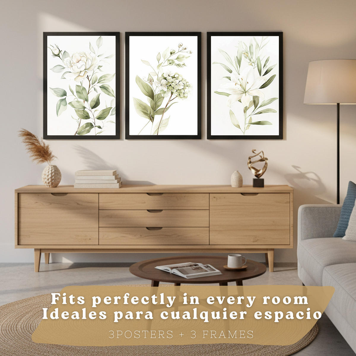 PLAKAT Sada 3 botanických tisků Zelenobílé květy. Akvarelové plakáty rostlin v jemných zelených tónech Obrázky. Černý rám velikosti A3 - černá, papír (29.7/42/3cm) - Nacnic