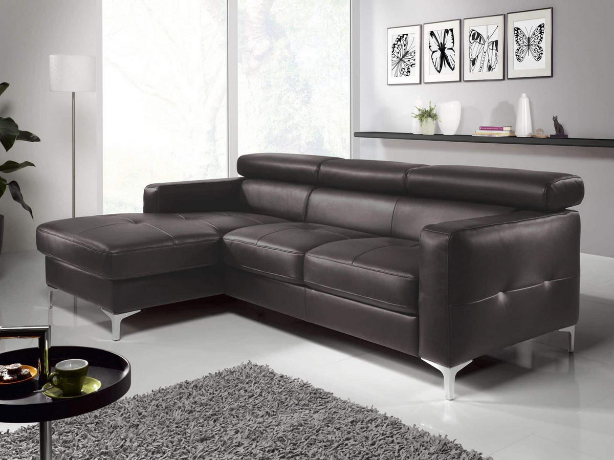 ECKSCHLAFSOFA mit Echtlederbezug, Schlaffunktion & Bettkasten - Chromfarben/Dunkelbraun, Leder/Holz (227/168cm) - Cotta