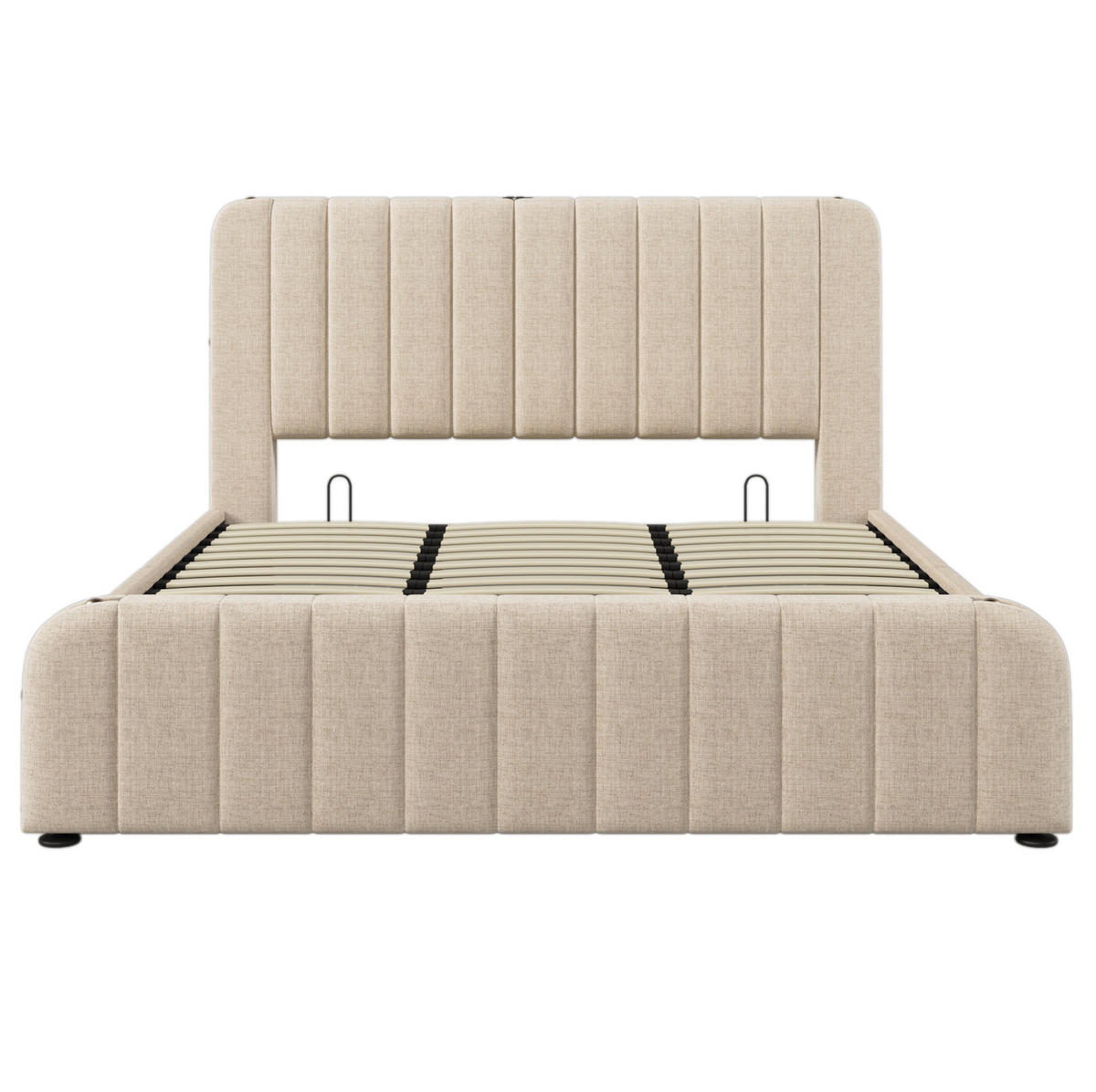 BETT mit Stauraum USB/Typ-C 180x200 cm Leinen Beige inkl. Matratze - Beige, Metall (180/200cm) - Meubliv