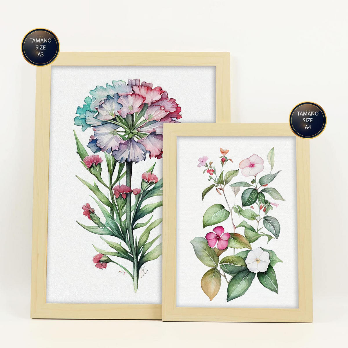 POSTER Set Mit 6 Hibiskus Vollfarbige Natur Und Botanikdrucke Mit Blumenmotiven Auf Reinweißen Hintergründen A3 & A4 Rahmen Aus Hellem Holz - Beige, Papier (29/3cm) - Nacnic