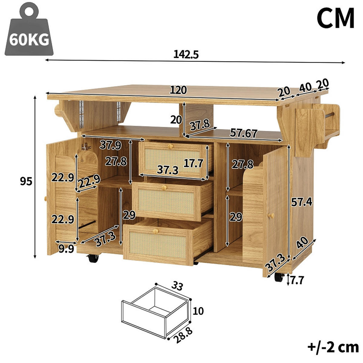 KÜCHENINSEL ausklappbar in Naturbraun mit Rattan, 142,5/80/95 cm - Naturfarben, Kunststoff (80/95/142.5cm) - Rolipo