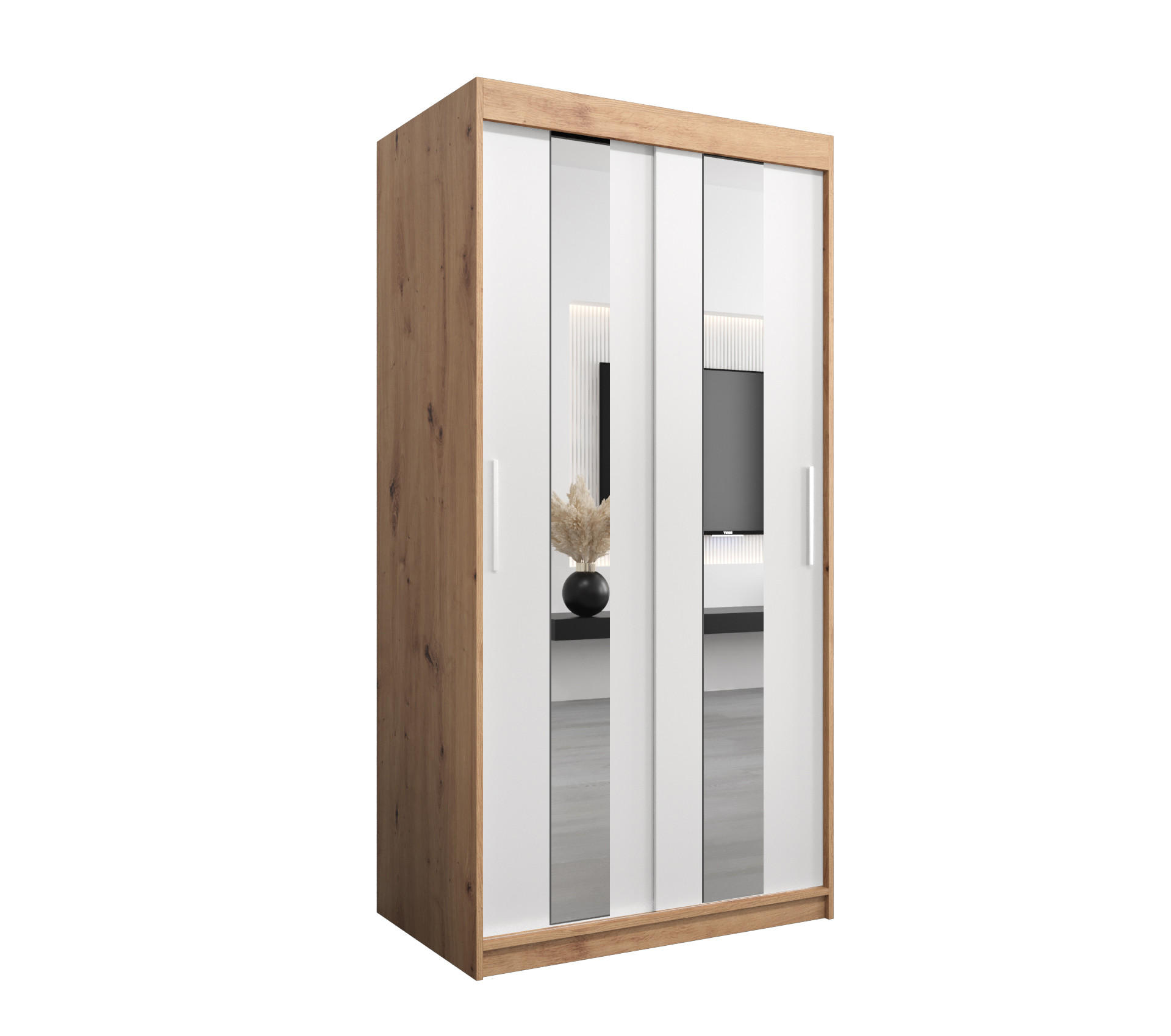 Abiks Möbel Schwebetürenschrank Eiche Artisan, Weiß 100x200x62 cm