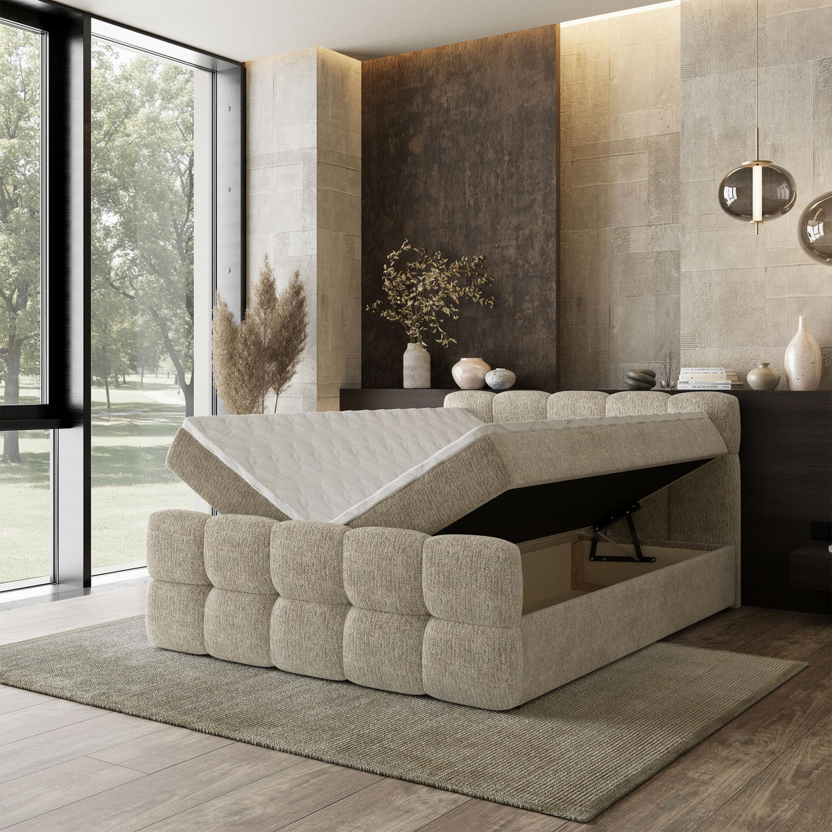 BOXBETT BRUME 180x200 cm mit Matratze und Topper, H2+H3 - Creme - Creme, Holz (180/200cm) - MASSENO