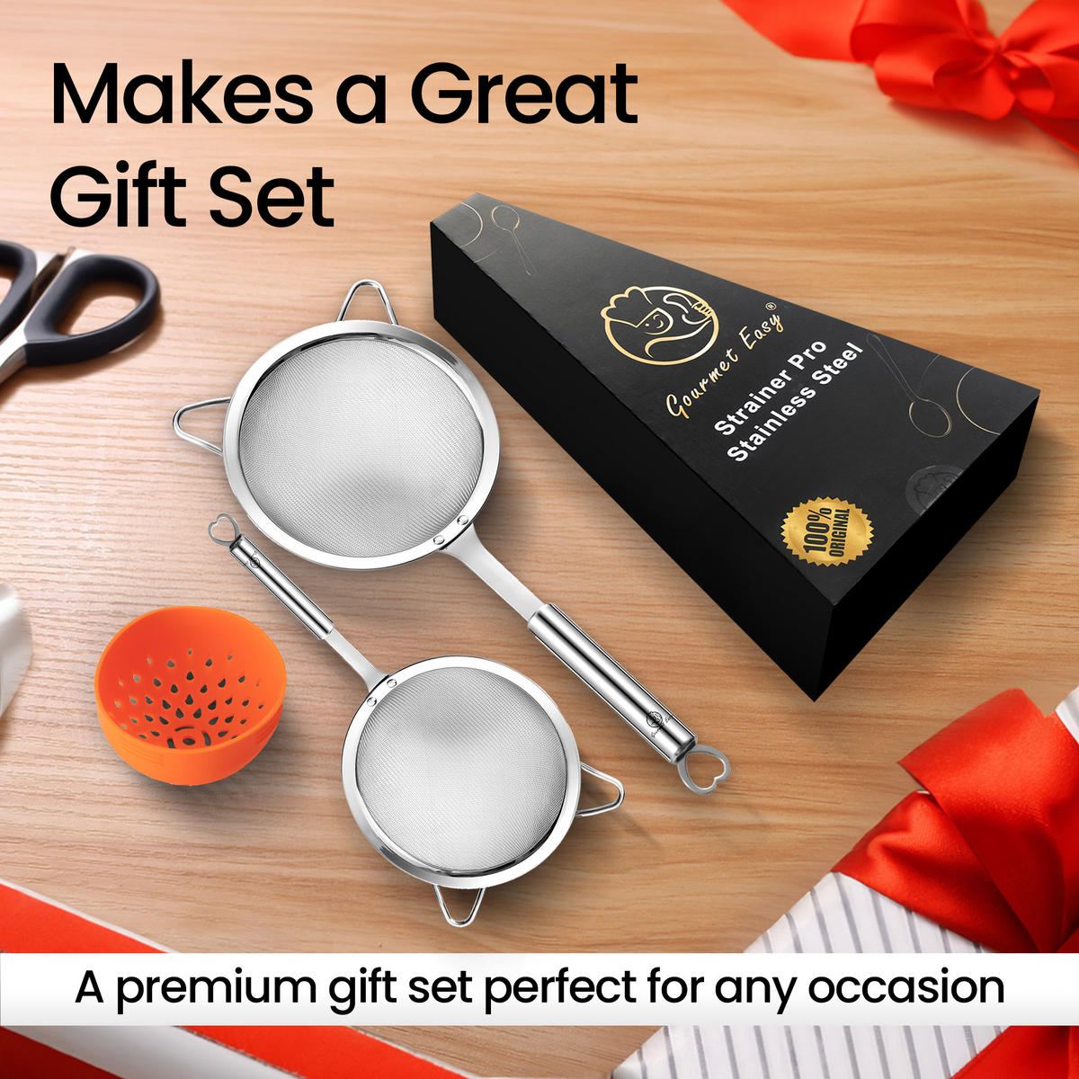 KÜCHENSIEB - Edelstahl,Sieb-Set, Edelstahl, 3-teilig: Mehlsieb, Nudelsieb und Silikon-Dosensieb - Edelstahlfarben, Metall (39/9/24cm) - Gourmet Easy