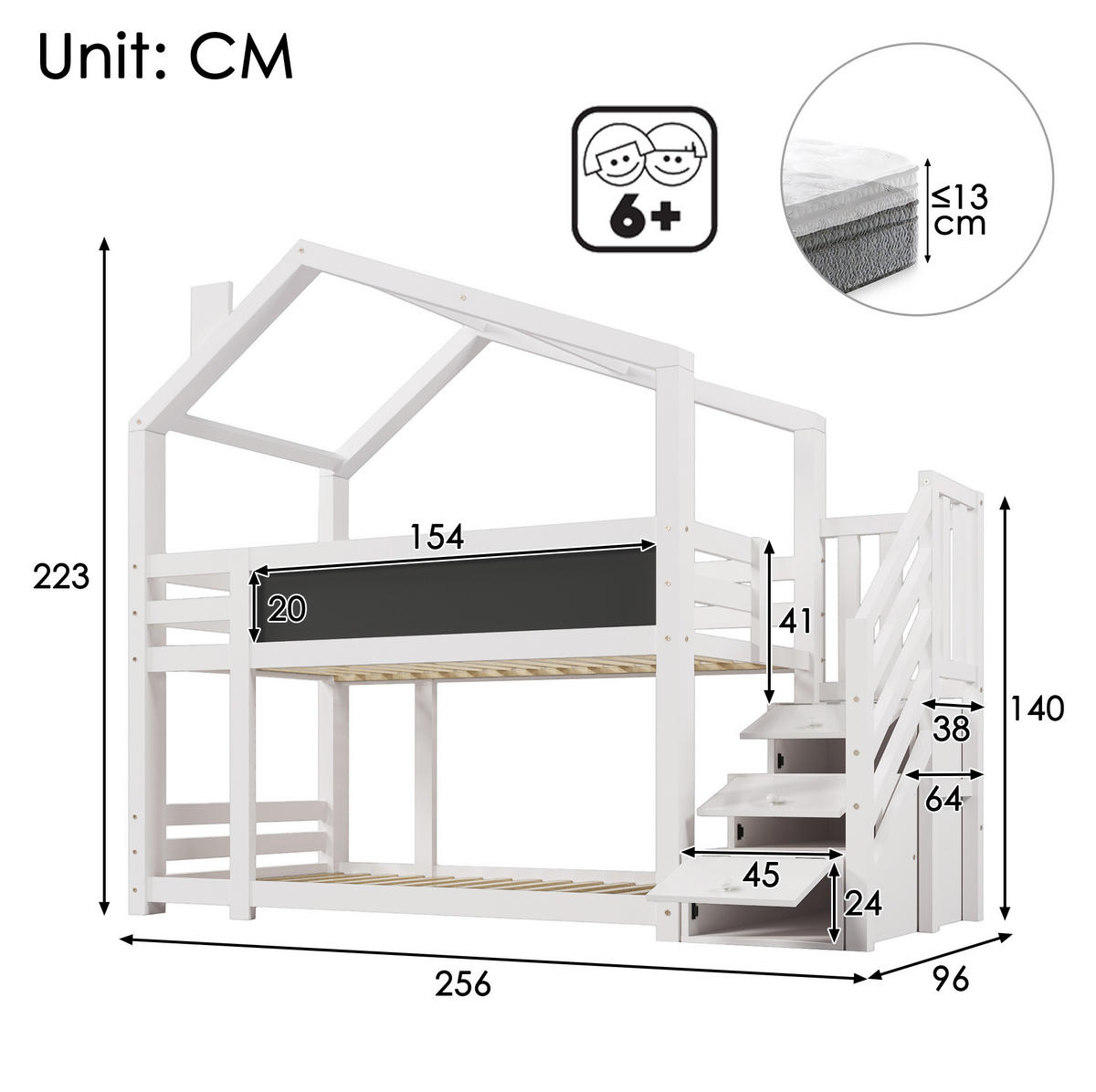 ETAGENBETT aus Kiefer-Massivholz und MDF 90x200 cm in Weiß mit Tafel & Stauraum - Weiß, Holzwerkstoff (90/200cm) - Modfu