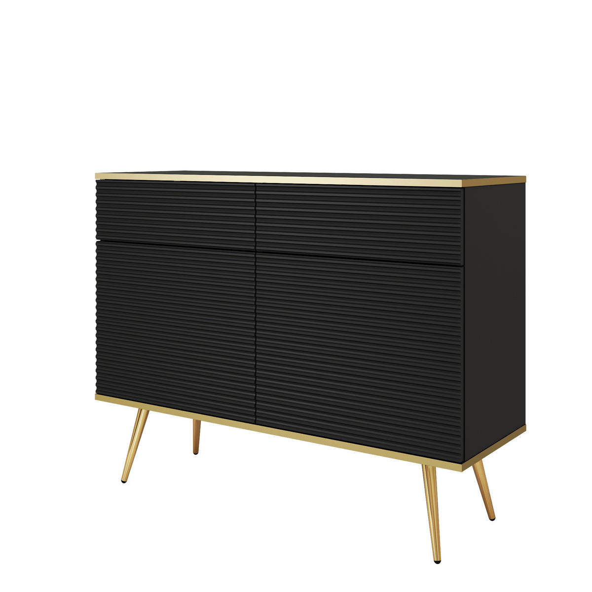 SIDEBOARD BANFF KOM3-2D2S Goldene Metallbeine, geriffelte Fronten, Schwarz - Schwarz, Holzwerkstoff/Kunststoff (107/85/39cm) - Komodee