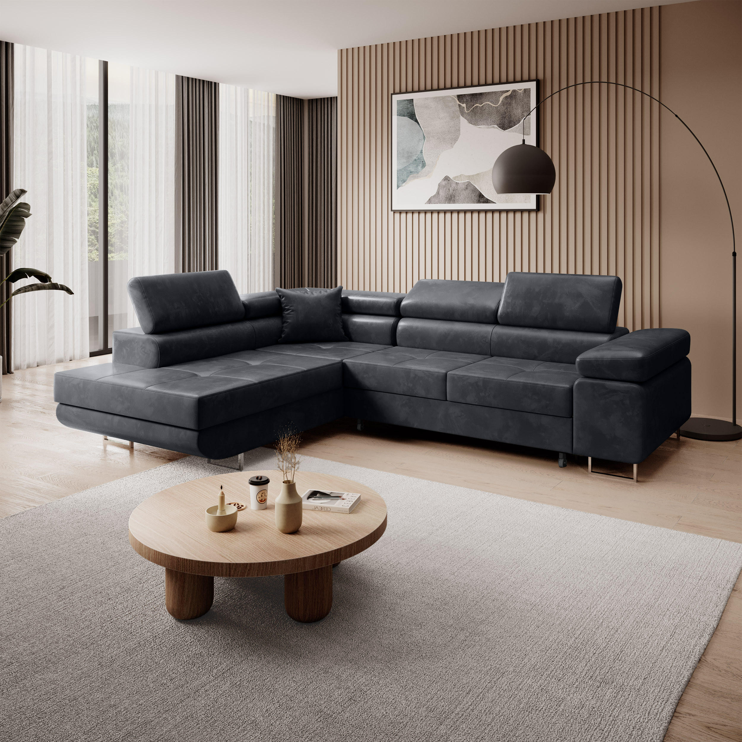 ECKSCHLAFSOFA Vild verstellbaren Kopfstützen, Schwarz, links - Chromfarben/Schwarz, Textil (275/203cm) - Beautysofa