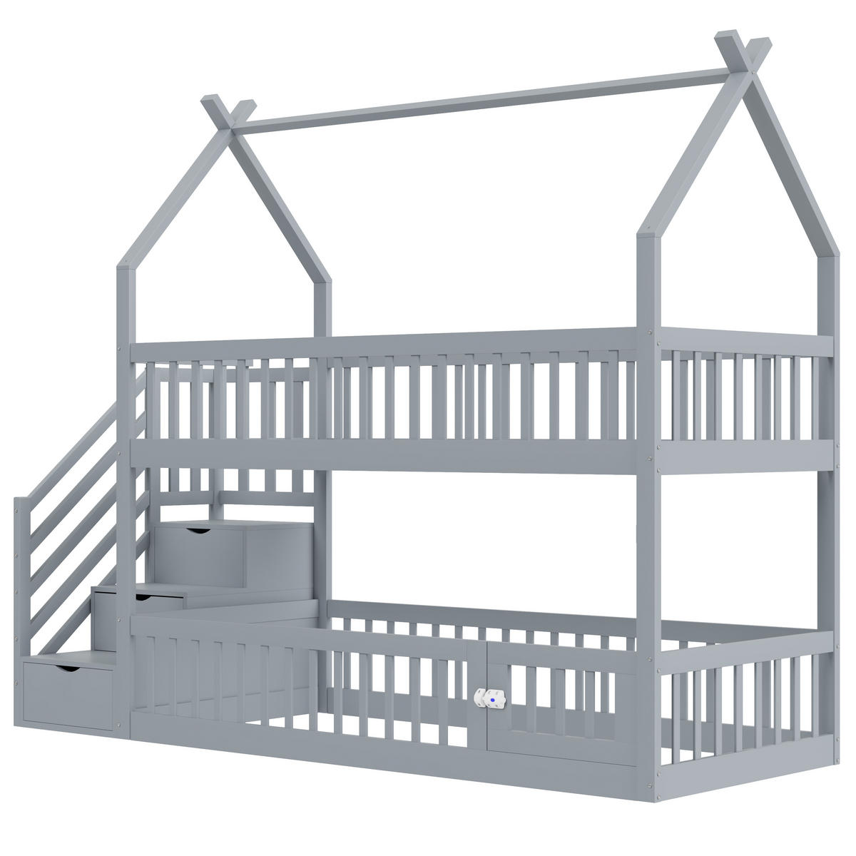 ETAGENBETT 90/200 cm grau aus massivem Kiefernholz mit Dach und Sicherheitstreppe - Grau, Holz (90/200cm) - OKWISH