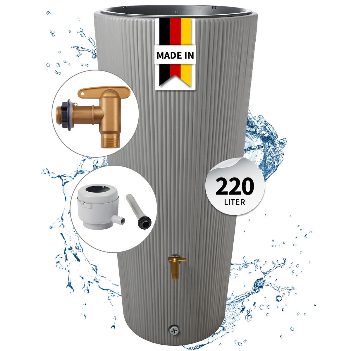 2IN1 Regentonnen Komplett-Set 220 L zinkgrau inkl. Kunststoff-Auslaufhahn und Fallrohranschluss - Hellgrau, Kunststoff (58/120/58cm) - 4rain