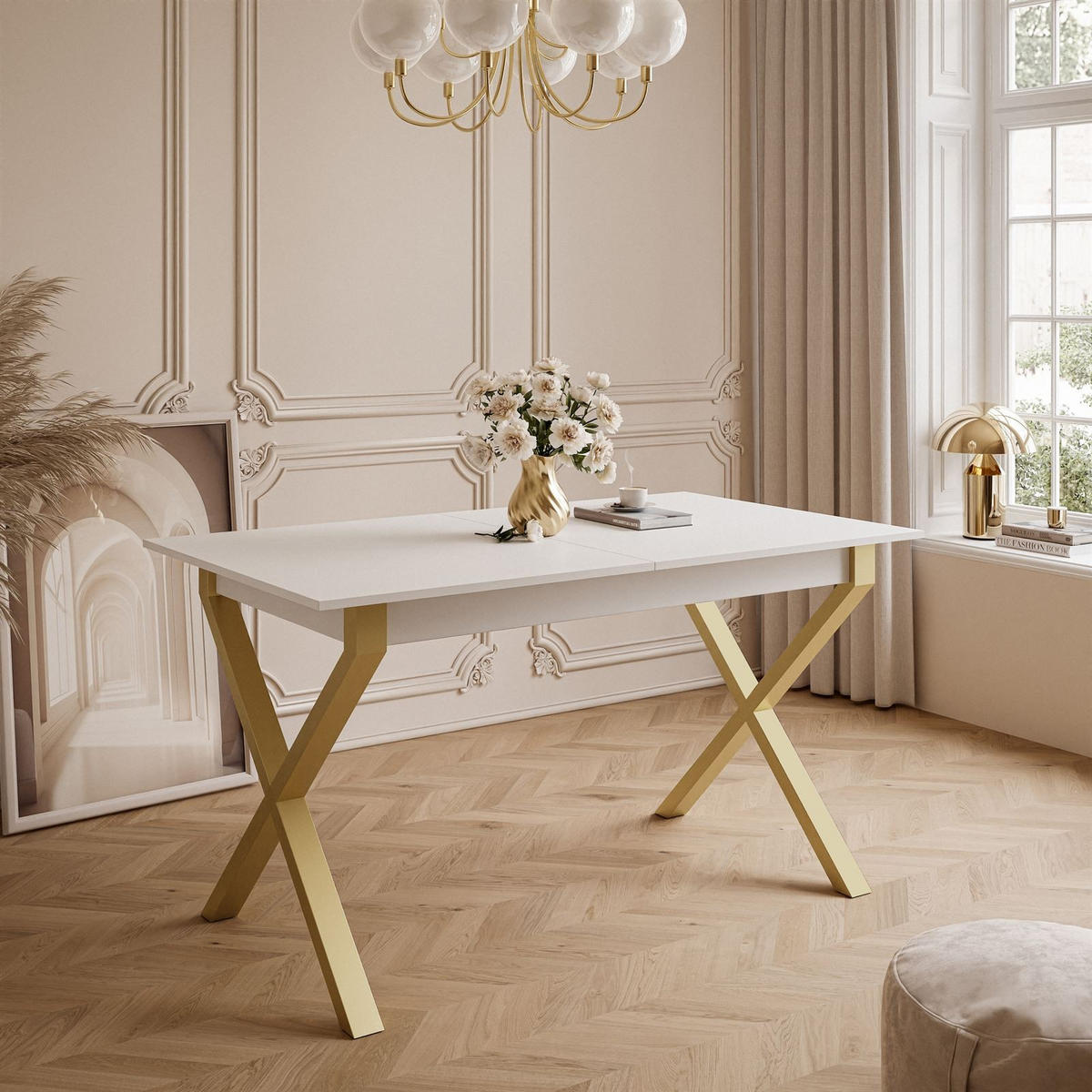 ESSTISCH ARTON GOLD II 140-195 cm für 6-8 Personen - Goldfarben/Weiß, Holzwerkstoff/Metall (140/80/77cm) - Lookway