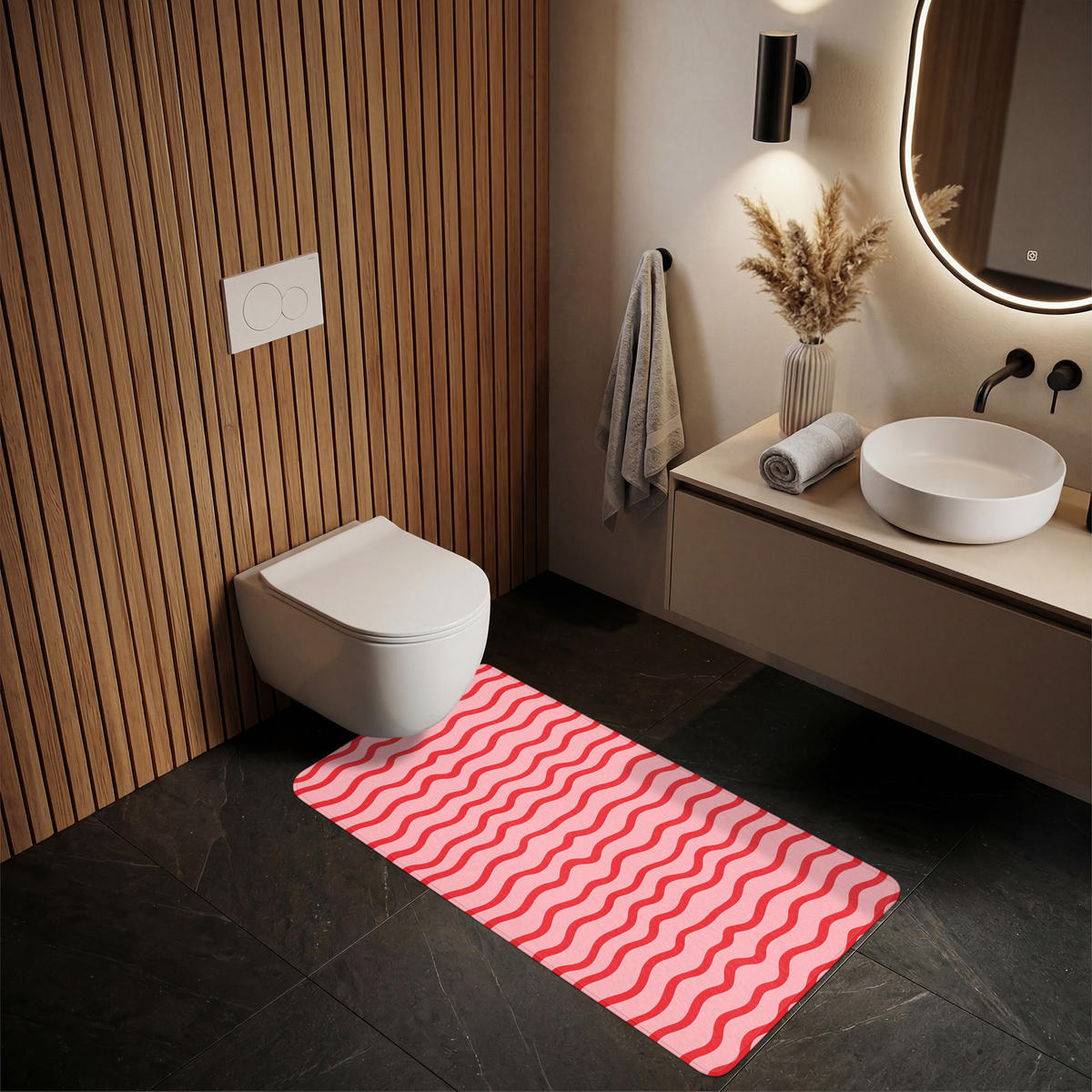 KÚPEĽŇOVÁ PREDLOŽKA Hravé - vzor - červená 60x120 cm - ružová, textil/plast (60/120cm) - OnlyWow