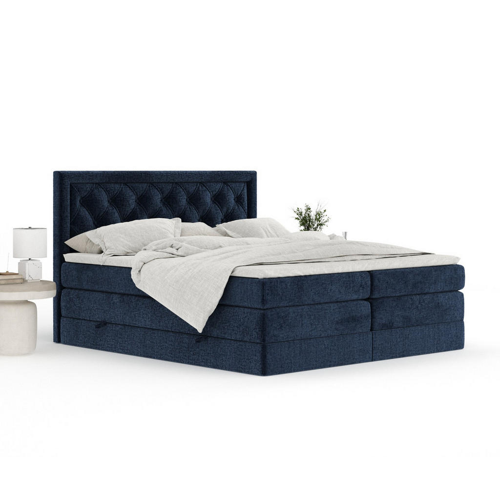 Thumbnail - Maison de Reve Boxspringbett, Dunkelblau, Textil, Buche, Kiefer, H2, 7-Zonen, Höhe ca. 40 cm, 160x200 cm, Handmade in Eu...