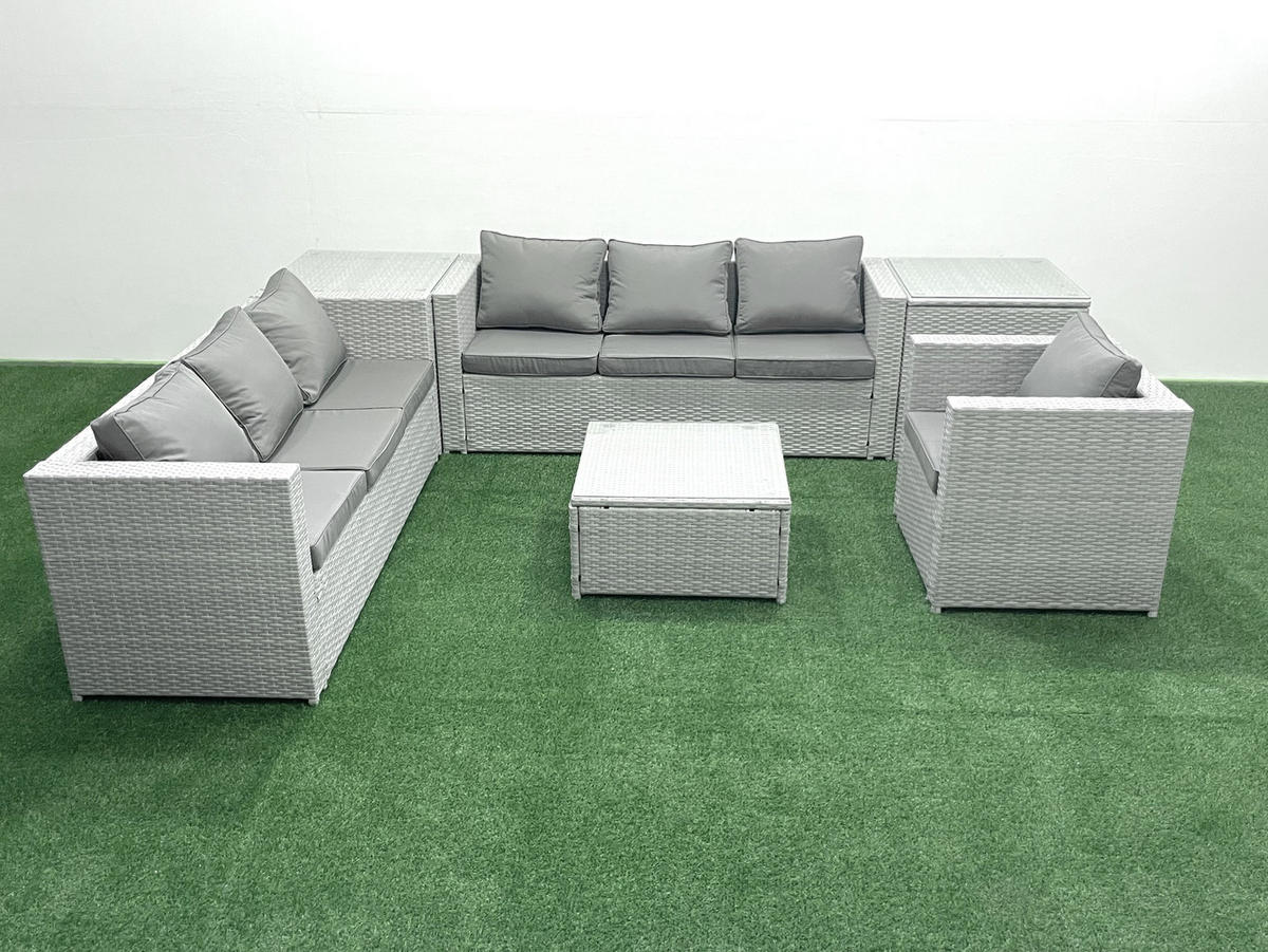 GARTENMÖBEL-SET mit Kissen Polyrattan Hellgrau-Mix 7-Sitzer - Hellgrau/Grau, Glas/Kunststoff - Fimous