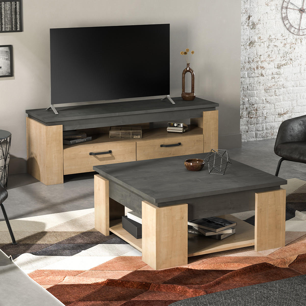 TV-MÖBEL mit 2 Schubladen, Eiche und Anthrazitgrau Dekor Austin - L140 cm - Apfelbaumfarben, Holzwerkstoff (42/47/140cm) - Calicosy