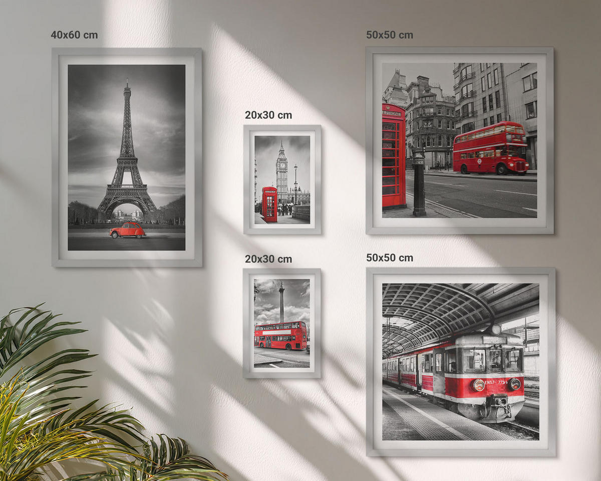 BILDER SET 5er Set - 50x50 cm & 20x30 cm & 40x60 cm Silberner Rahmen - Rote Busse in der Stadt - Silberfarben, Kunststoff (40/60cm) - TULUP