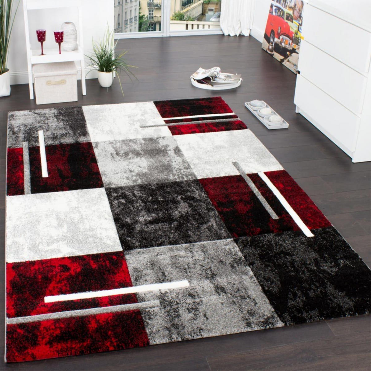 KURZFLOR-TEPPICH DIAMOND 663 GRAU-ROT 80X150 - Dunkelrot, Kunststoff (80/150cm) - Paco Home