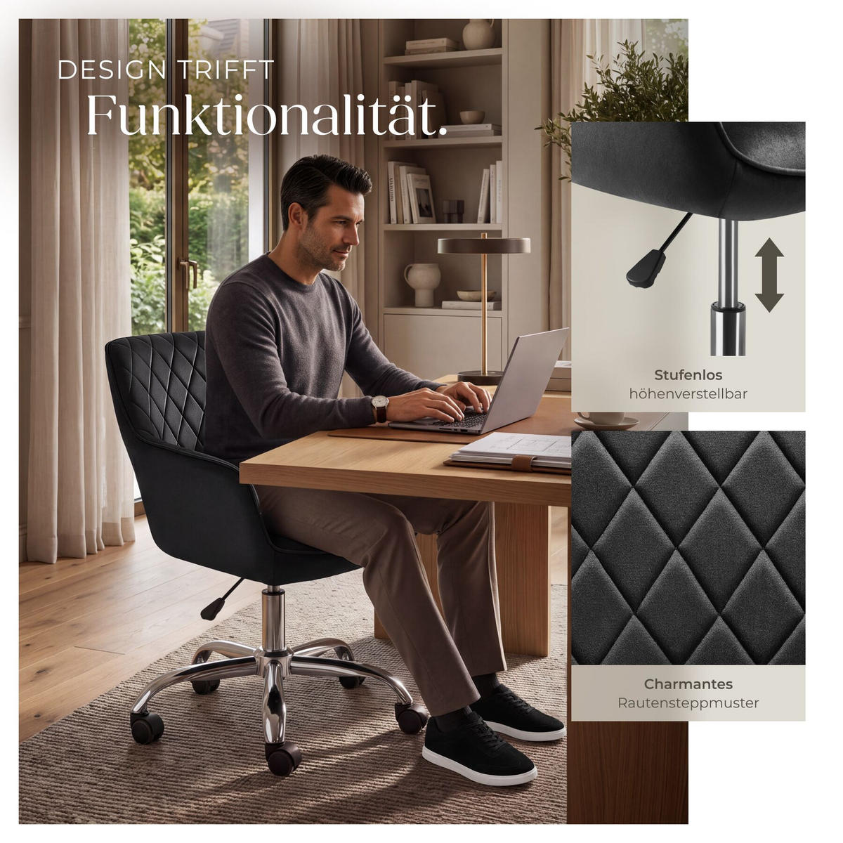 DREHSTUHL Nancy, 57 x 60 x 82 – 91 cm, Belastbarkeit 150 kg, schwarz - Schwarz, Kunststoff (57/91/60cm) - tectake