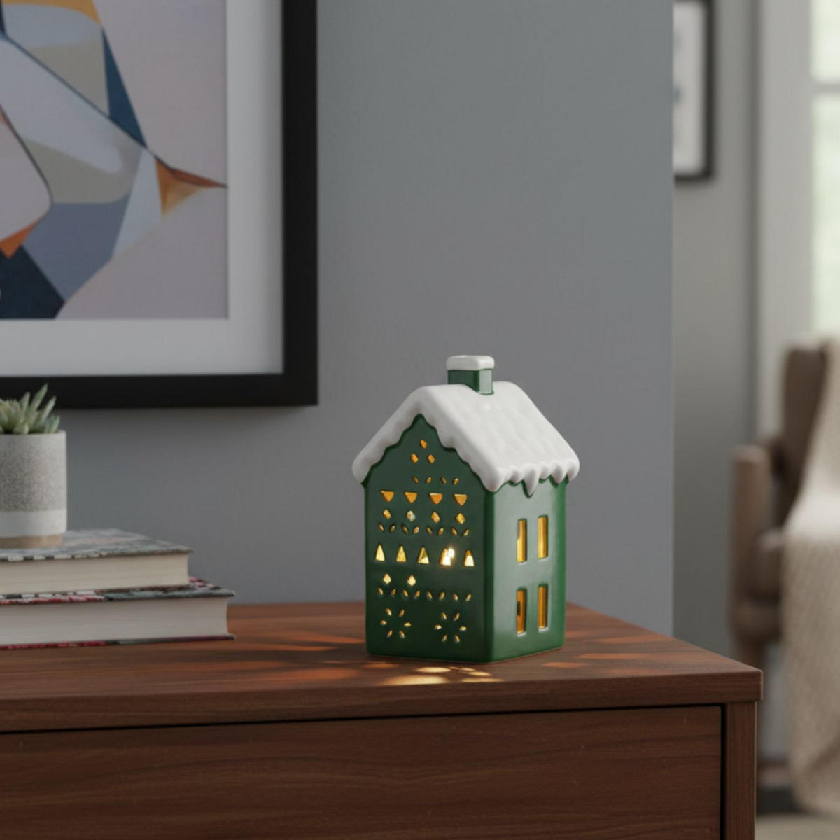 LED-LAMPE Hausform 13 cm - Grün, Keramik (7/12.7/7.7cm) - Home Styling Collection