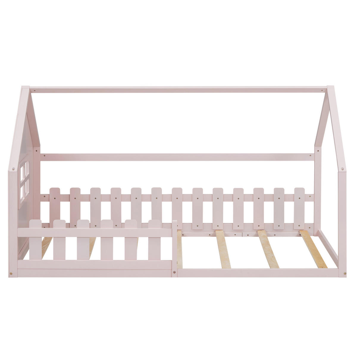 HAUSBETT aus Kiefer und MDF 90x200 cm Rosa in Hausform, bodennahes Design - Rosa, Holzwerkstoff (90/200cm) - Modfu