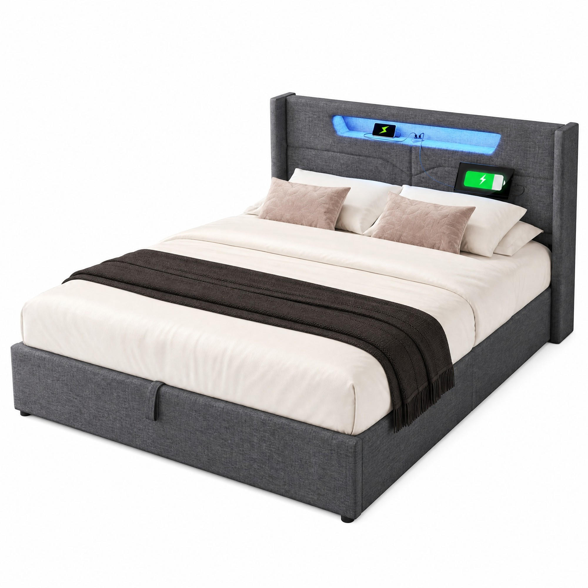 POLSTERBETT 160/200 mit Bettkasten, LED und USB-C-Ladefunktion in Grau - Grau, Textil/Metall (160/200cm) - EVRYAE