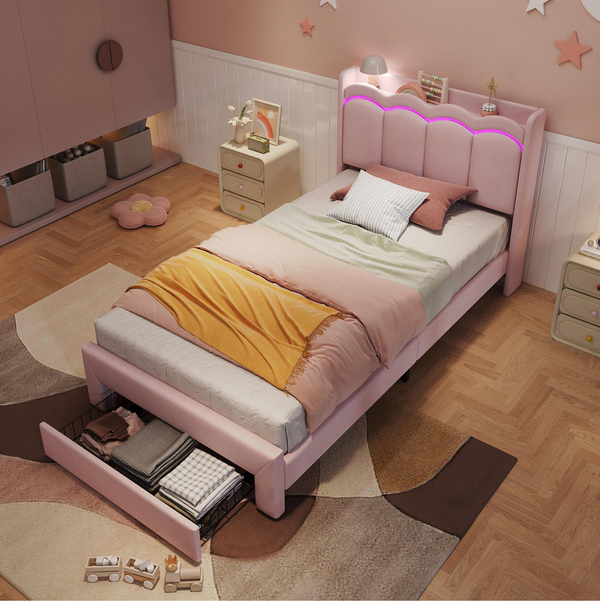 KINDER-POLSTERBETT aus Samt 90x200 cm Rosa mit Stauraumschublade und App-gesteuerter LED-Beleuchtung - Pink, Textil (90/200cm) - Modfu