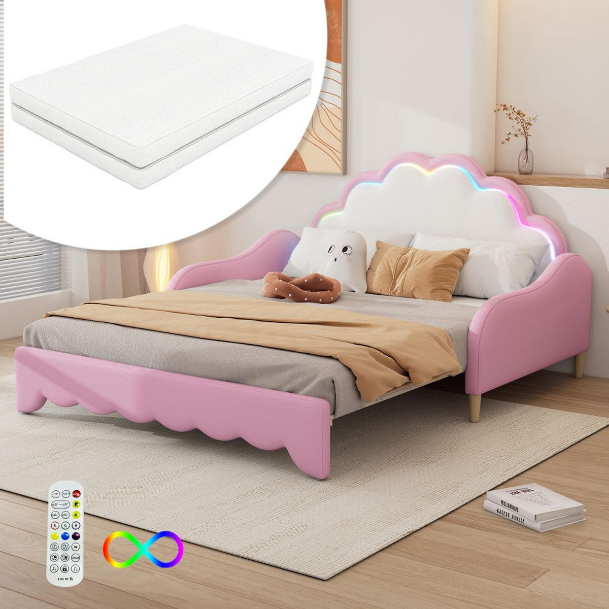 SOFABETT 140/200 cm in Rosa mit Matratze und Umgebungslicht - Pink, Leder/Holz (113/99/151cm) - KOMHTOM