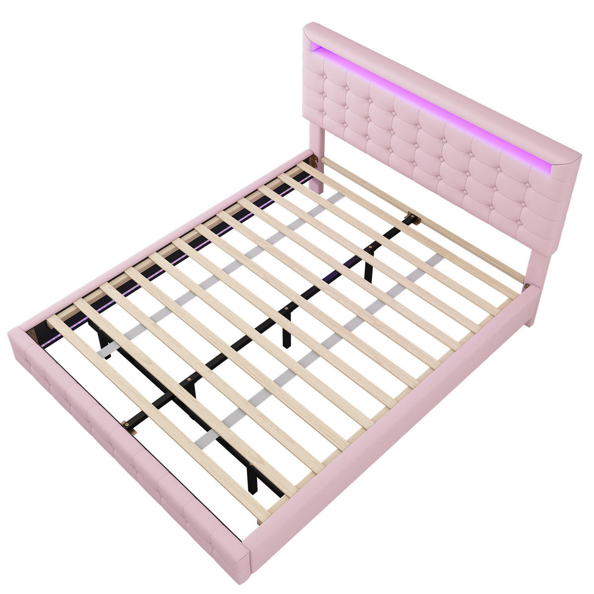 FLACHBETT 140x200cm Rosa PU LED-Umgebungslicht Federung Kopfteil - Pink, Holz (140/200cm) - FLIEKS