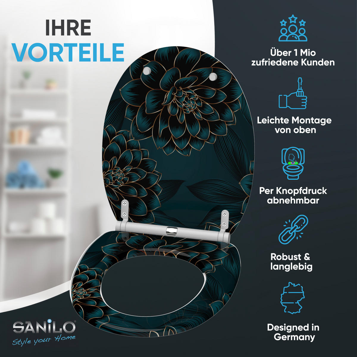 WC-SITZ mit Absenkautomatik & Top Fix Dahlien - Blau, Holzwerkstoff (37.7/5.5/48cm) - Sanilo